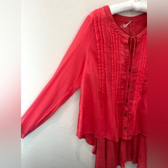 FREE PEOPLE | Coral Pink Pintuck Boho High Low Blouse NWT | Size Medium - Picture 4 of 9